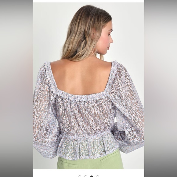 Lulu’s Impressive Cutie Lavender Floral Lace Balloon Sleeve Peplum Top - Picture 3 of 11